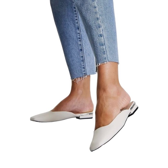 Aldo Pridaflex Mules Ivory Leather Metallic Chain Heel Flat Sandal Womens - Picture 1 of 16